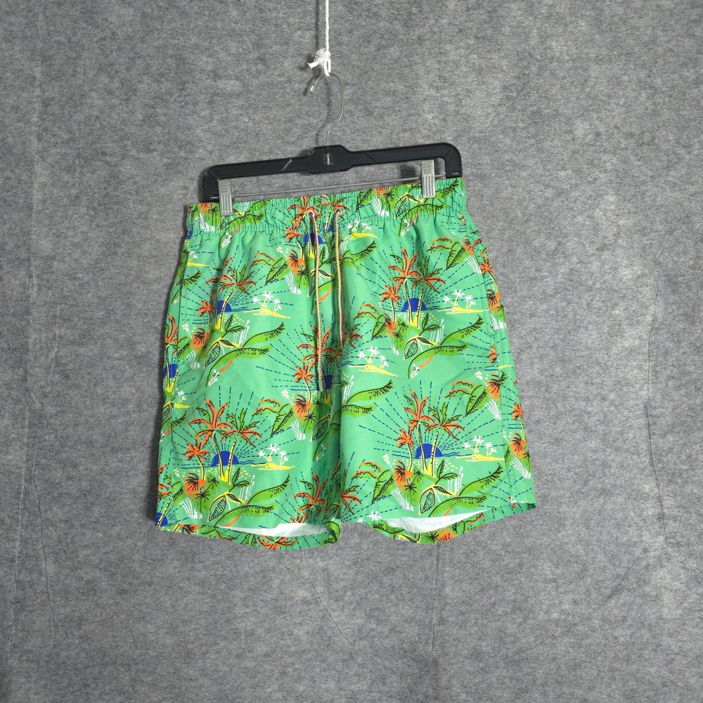 Bugatchi Swim Trunks Mens Medium Green Tropical Palm Tree Print Mesh Lined 6in